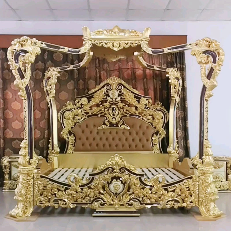 Wood Carved Palace Luxury Canopy Bed Villa Princess Bed
