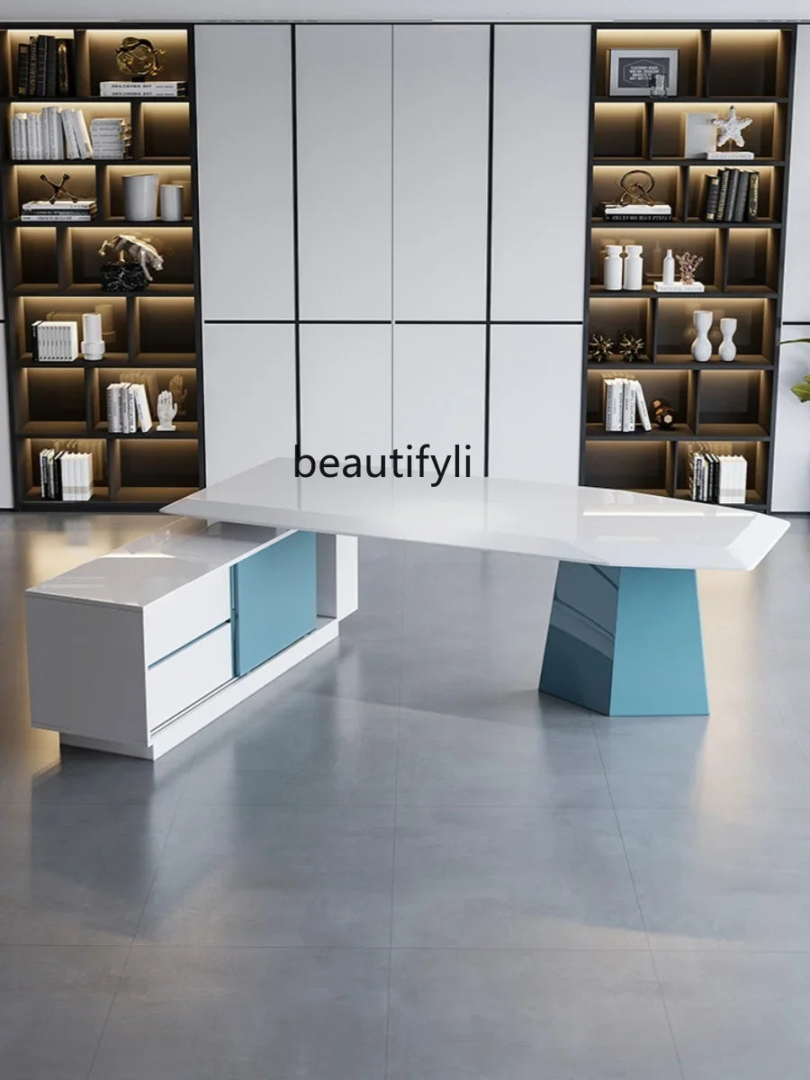 Simple Modern Light Luxury Office Desk – White Executive Desk for Bosses
