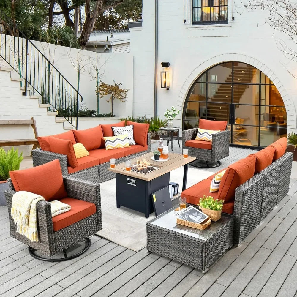 Rattan Wicker Sectional with Swivel Rocker Chairs and Fire Pit