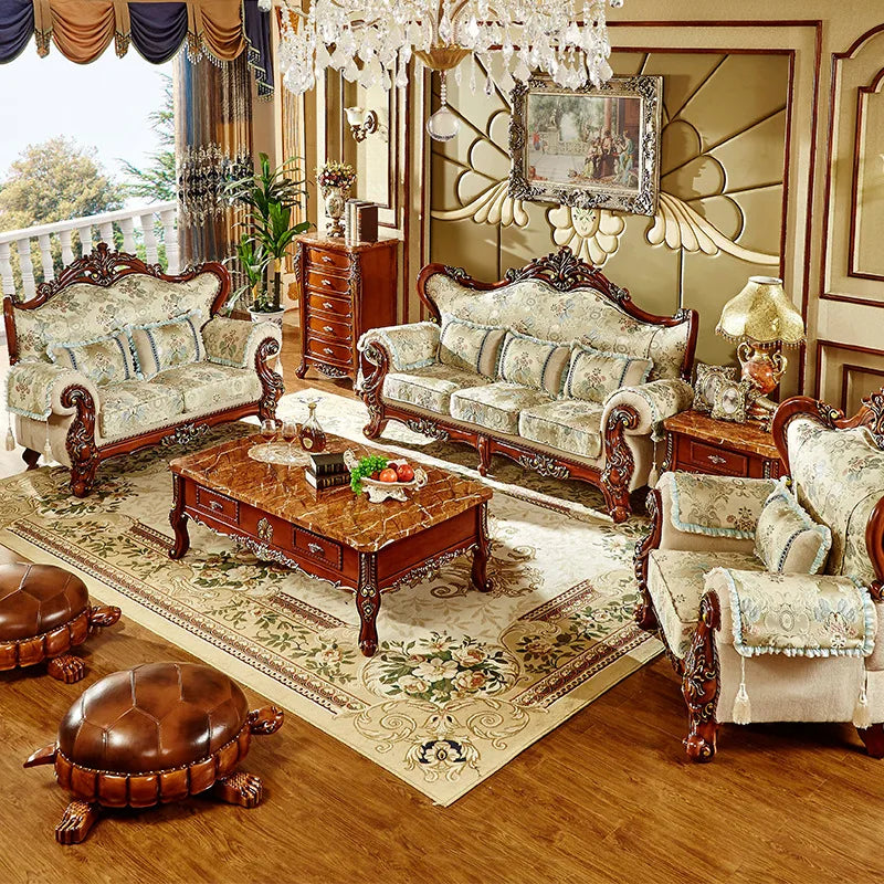 European-Style Fabric Sofa: Complete Living Room Set with Solid Wood, American Light Luxury Three-Person Sofa.