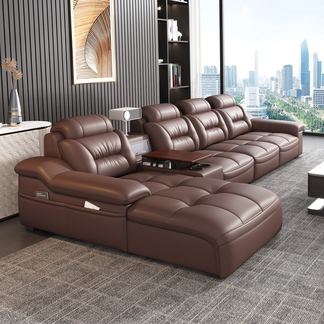 MANBAS Italian Genuine Leather Sectional Sofa with USB Charging, Bluetooth Speaker and Projector - Perfect for Your Living Room