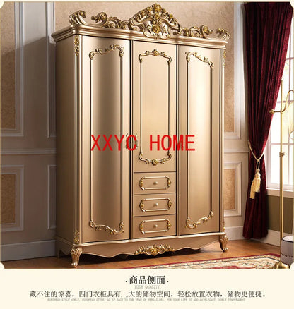 European-Style Three-Door Wardrobe – Champagne Gold, French Carved
