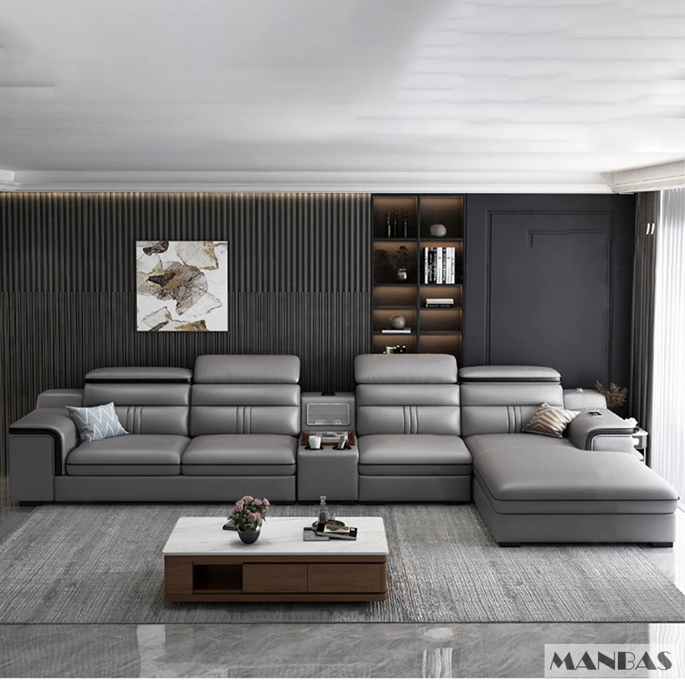 MINGDIBAO Leather Sectional Sofa Set with Cup Holder, USB, Adjustable Headrests &amp; Bluetooth Speaker Living Room Couch with Stool