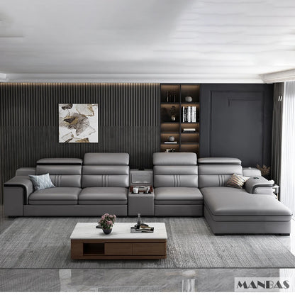 MINGDIBAO Leather Sectional Sofa Set with Cup Holder, USB, Adjustable Headrests &amp; Bluetooth Speaker Living Room Couch with Stool