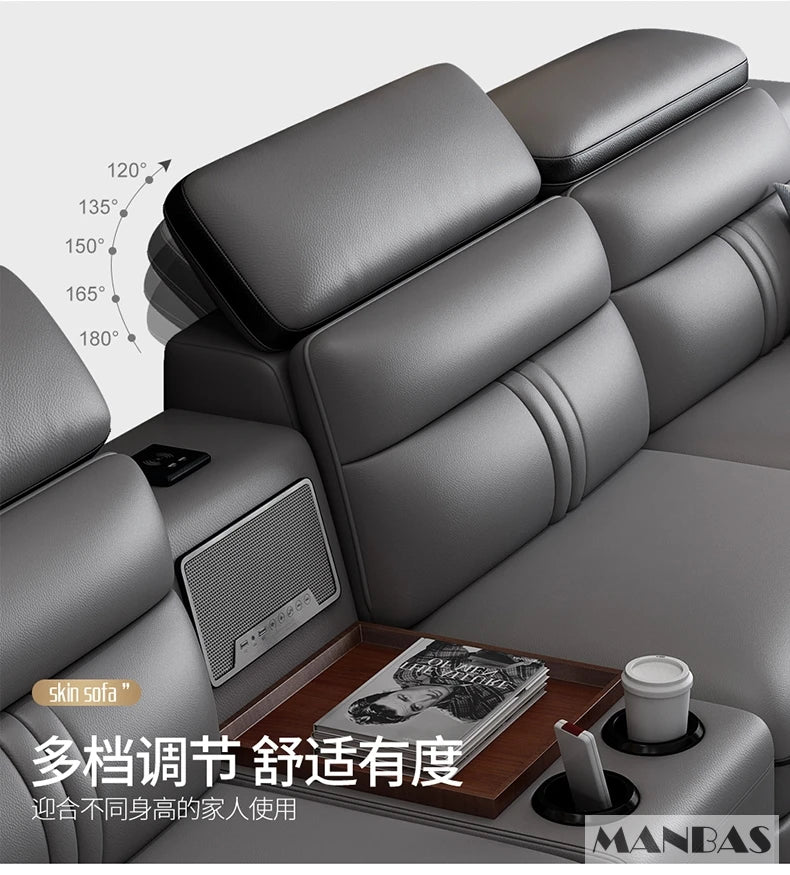 MINGDIBAO Leather Sectional Sofa Set with Cup Holder, USB, Adjustable Headrests &amp; Bluetooth Speaker Living Room Couch with Stool