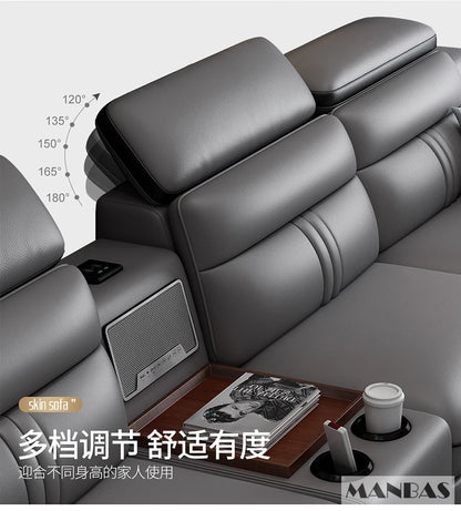 MINGDIBAO Leather Sectional Sofa Set with Cup Holder, USB, Adjustable Headrests &amp; Bluetooth Speaker Living Room Couch with Stool