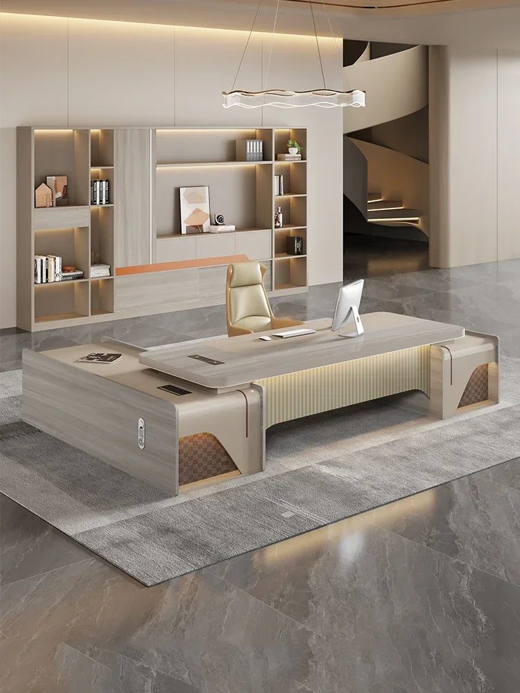 Modern L-Shaped Office Desk – Features Double Cabinet Legs for Added Storage