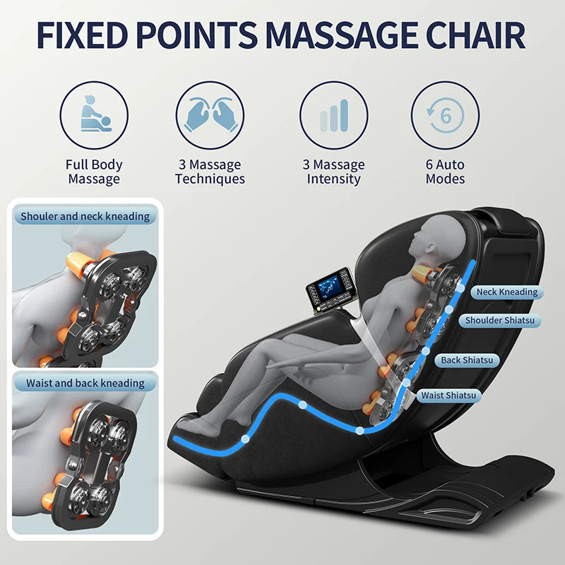 Full body massage chair zero gravity mode foot massage 8 fixed massage rollers LCD touch screen waist heater Bluetooth black