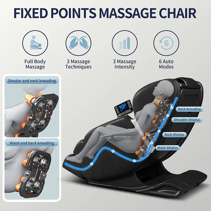 Full body massage chair zero gravity mode foot massage 8 fixed massage rollers LCD touch screen waist heater Bluetooth black