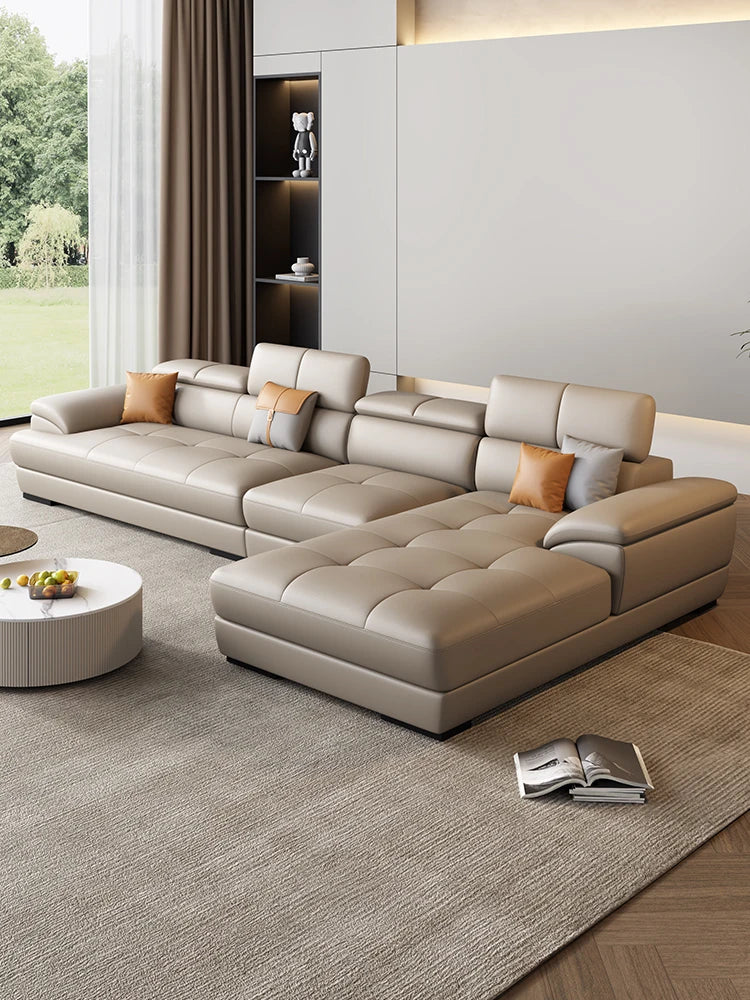 Nordic leather sofa with cowhide top layer, simple modern size, living room, Italian minimalist cream style leather sofa