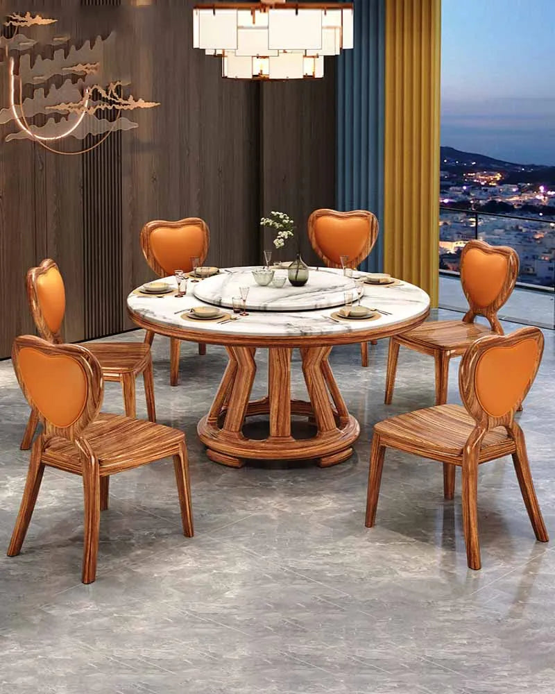 New Chinese Style Dining Set – Marble Round Solid Wood Table with Turntable
