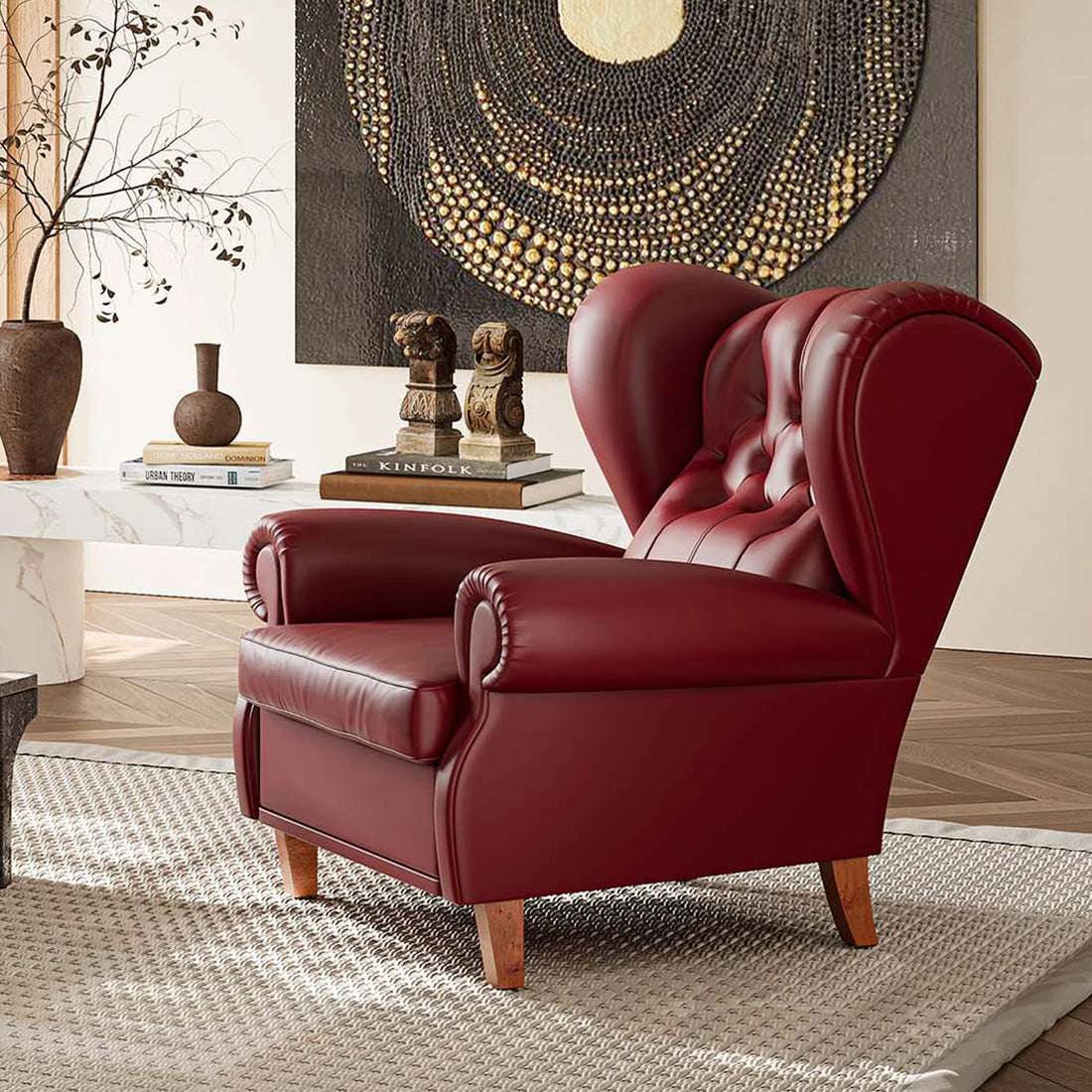 Modern Wind Red Armchair Leather Fabric for Living Room Reading Bedroom Accent Cigar Chairs Single Sofa