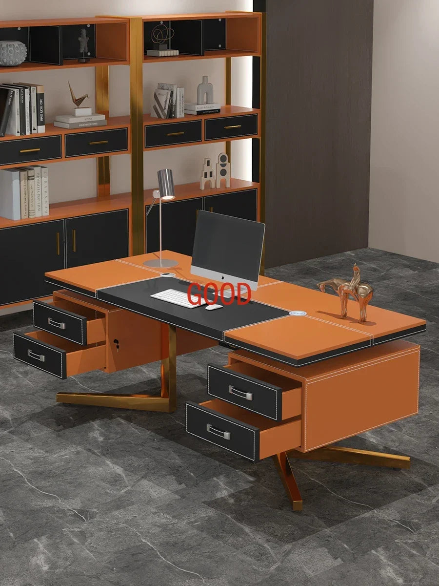 Luxury Modern Minimalist Desk Study Home Saddle Leather Designer Writing Desk Computer Mesa De Escritorio Office Furniture KMOD