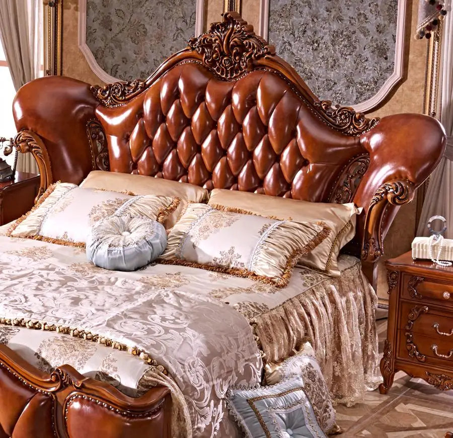 ProCARE Classical european style carved leather bed set,Luxury bedroom furniture wooden bed frame king size