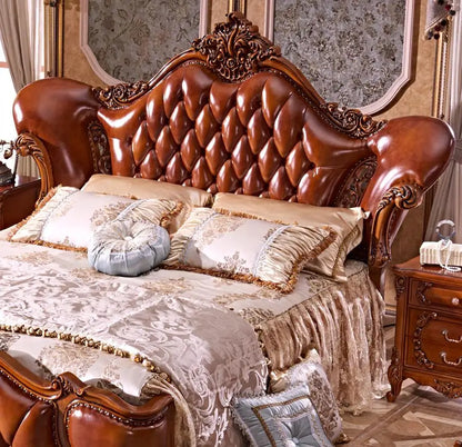 ProCARE Classical european style carved leather bed set,Luxury bedroom furniture wooden bed frame king size