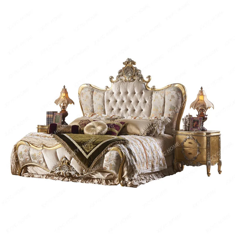 French-inspired retro solid wood double bed, featuring fabric upholstery and elegant carvings