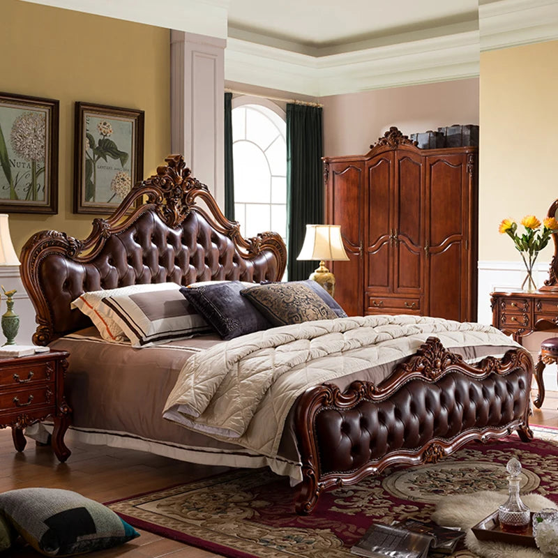 High quality European solid wood double bed wedding bed American furniture 1.8m master bedroom leather soft leather princess bed