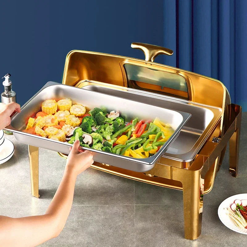 Luxury Stainless Steel Chafing Dishes – Gold Buffet Catering Food Warmer Set.