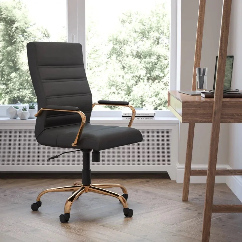 Flash Furniture High Back Black Leather Soft Executive Swivel Office Chair With Gold Frame Arms