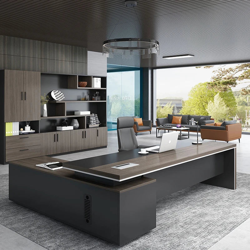 Black L-shaped executive office desks with drawer