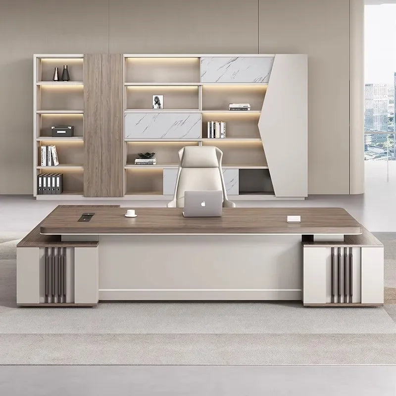 European L-Shaped Office Desk with Drawers and Shelf