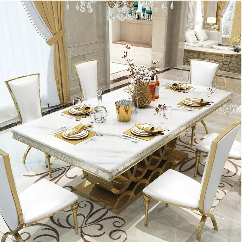 Modern Marble Dining Table And Chairs Combination Legs Metal Stainless Steel Top Crown Apartment Golden Mesas Carved Furniture