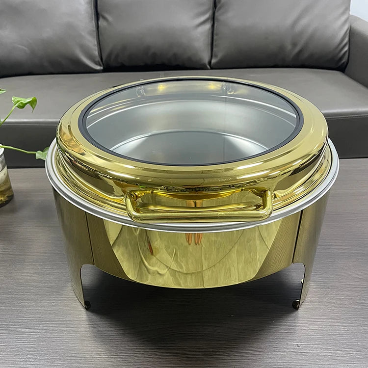 Hotel Restaurant Catering Deluxe Stainless Steel Roll Top Chaffing Dishes 6.5L Gold Round Buffet Chafing Dish