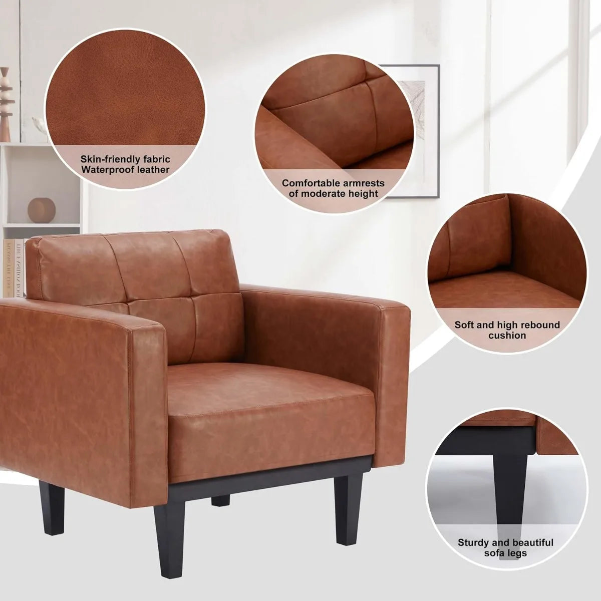 Leather Accent Chair Set of 2 with Wood Base &amp; Legs,Oversized Upholstered Single Sofa Chair, Comfy Living Room Armchairs