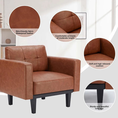 Leather Accent Chair Set of 2 with Wood Base &amp; Legs,Oversized Upholstered Single Sofa Chair, Comfy Living Room Armchairs