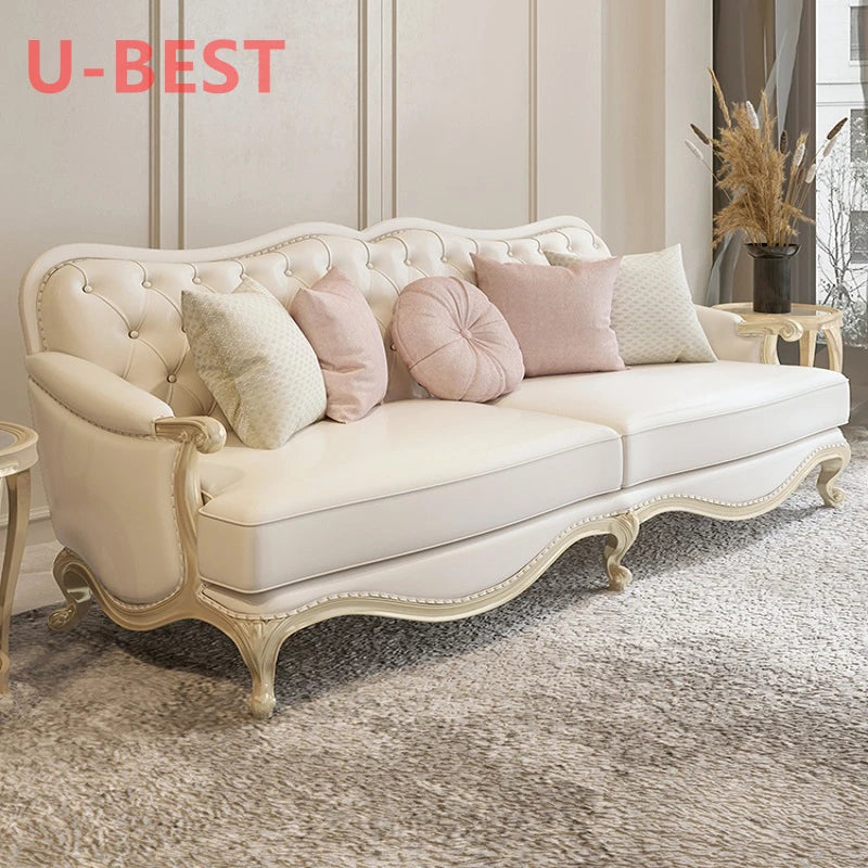 U-BEST Antique Style Hand Carved Solid Oak Wood Frame Sofa Fabric Cushion Loveseat Royal Gold Stainless Steel Wedding Sofa