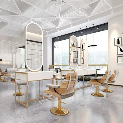 High quality barbershop furniture three seater salon mirror table gold oval barber station with led