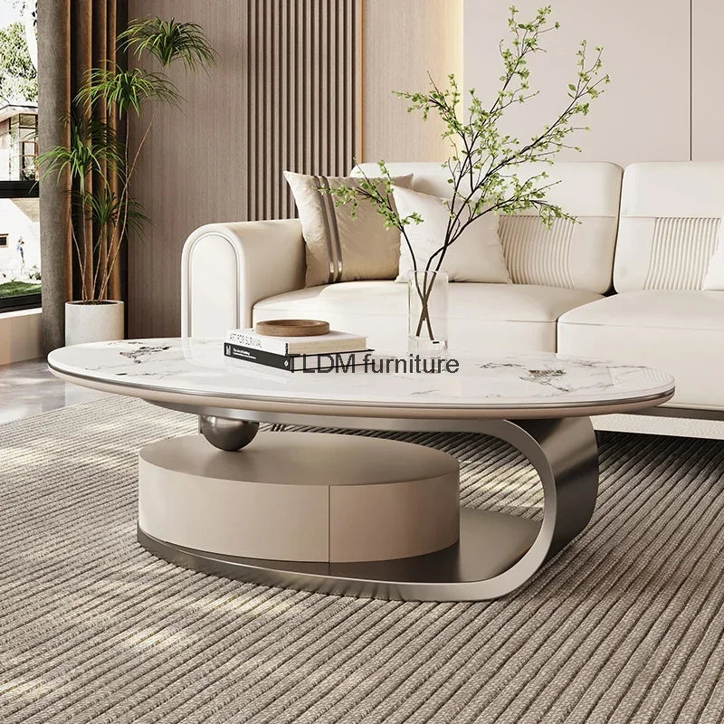 Metal Coffee Table – Modern Elipse Design with Italian White Marble Top
