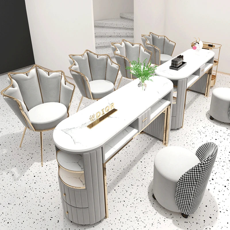 White Gold Nail Desk Chairs Organiser Modern Designer Nail Table Nordic Aesthetic Scrivania Per Unghie Manicure Furniture