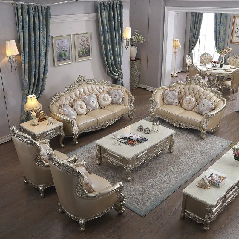 European-Style Leather Sofa Combination: Luxury Solid Wood Carved Sectional for Villa Living Rooms.