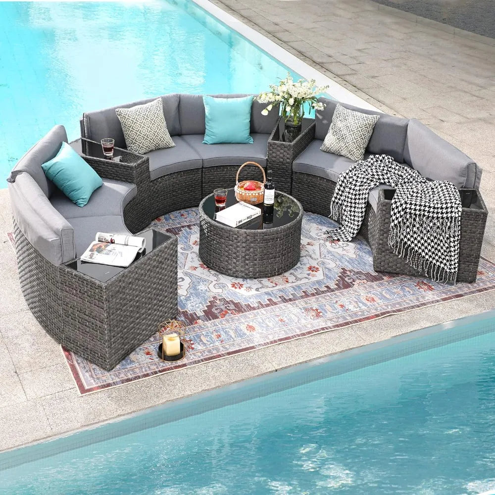 Half-Moon Sectional Sofa with Tempered Glass Coffee Table and 4 Pillows.
