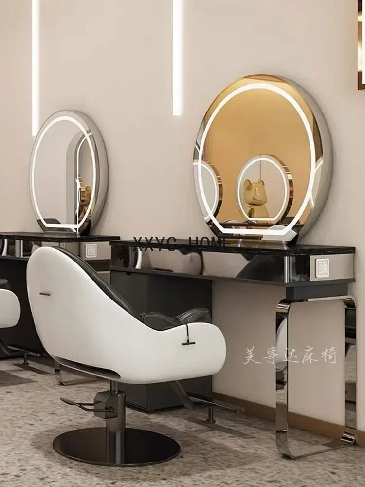 Stainless Steel Titanium-Plated Barber Shop with Light Single Double Four Sides Dressing Table