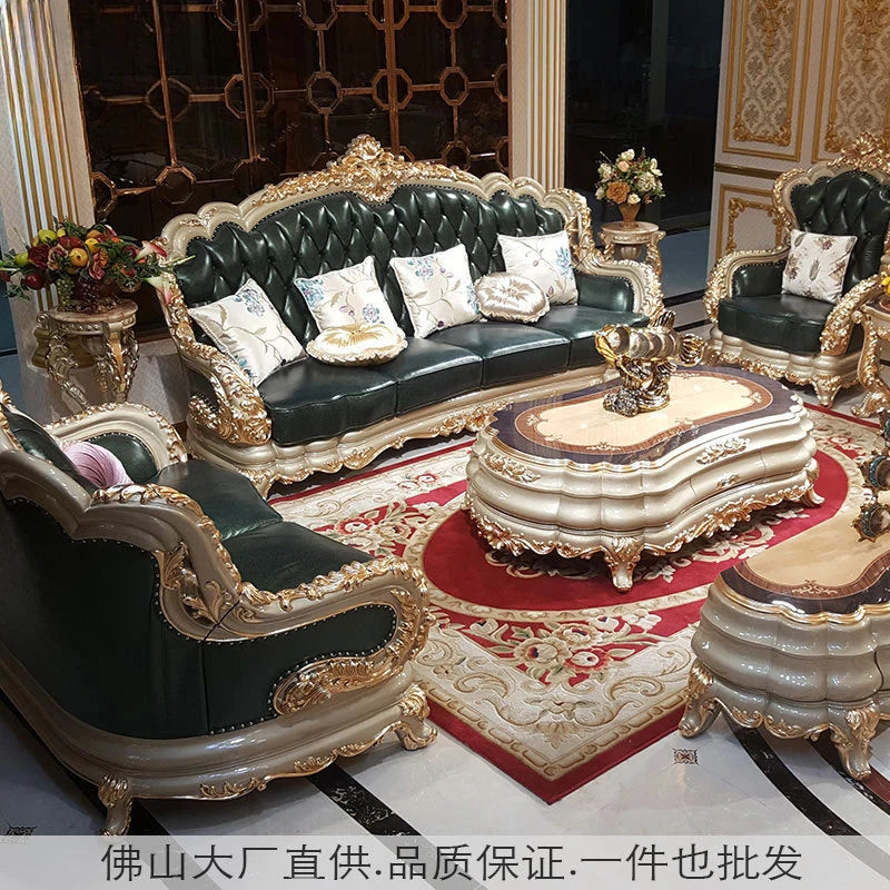 European-style villa leather sofa high-end luxury European and American living room combination high-end atmospheric oak new