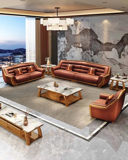 New Chinese style genuine leather art sofa, solid wood, modern and simple high-end living room, large unit villa 124 combination