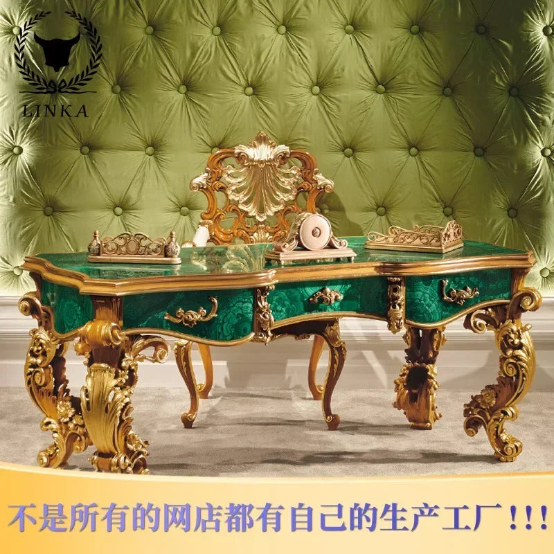 European Solid Wood Desk: Luxury Emerald Green with Gold Foil, Italian-French Carved Design, Customizable for Villas.
