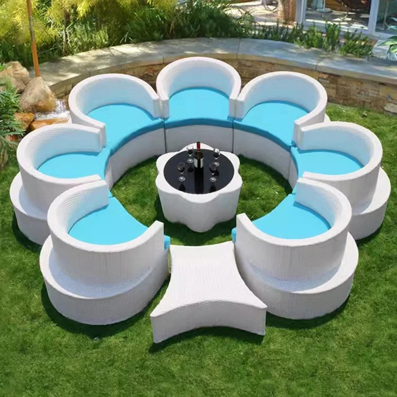 9-Piece Handmade Rattan Garden Furniture Set: Flower-Shaped Sectional Sofa, Ottoman, and Wicker Chairs for Outdoor Patios.