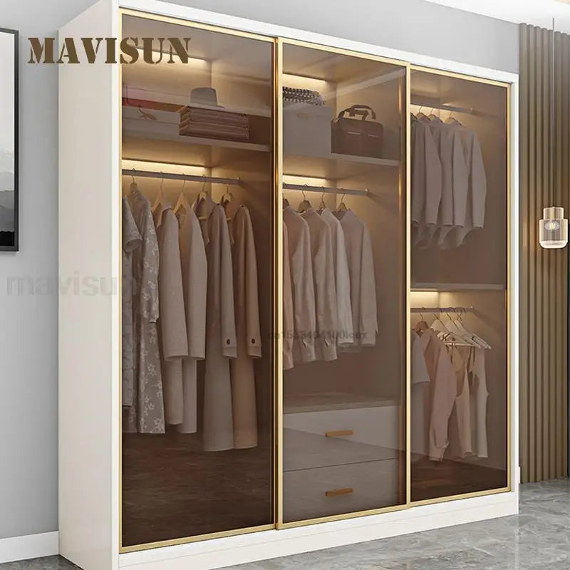 Italian Clothes Cabinet – Luxury Wood Wardrobe with LED Light, Storage Drawers, and Glass Sliding Doors