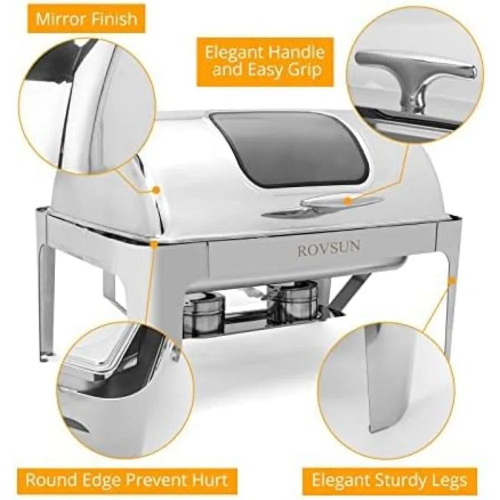 ROVSUN 9Qt Roll Top Chafing Dish Buffet Set, Stainless Steel Chafers for Catering, Rectangular Buffet Servers and Warmer