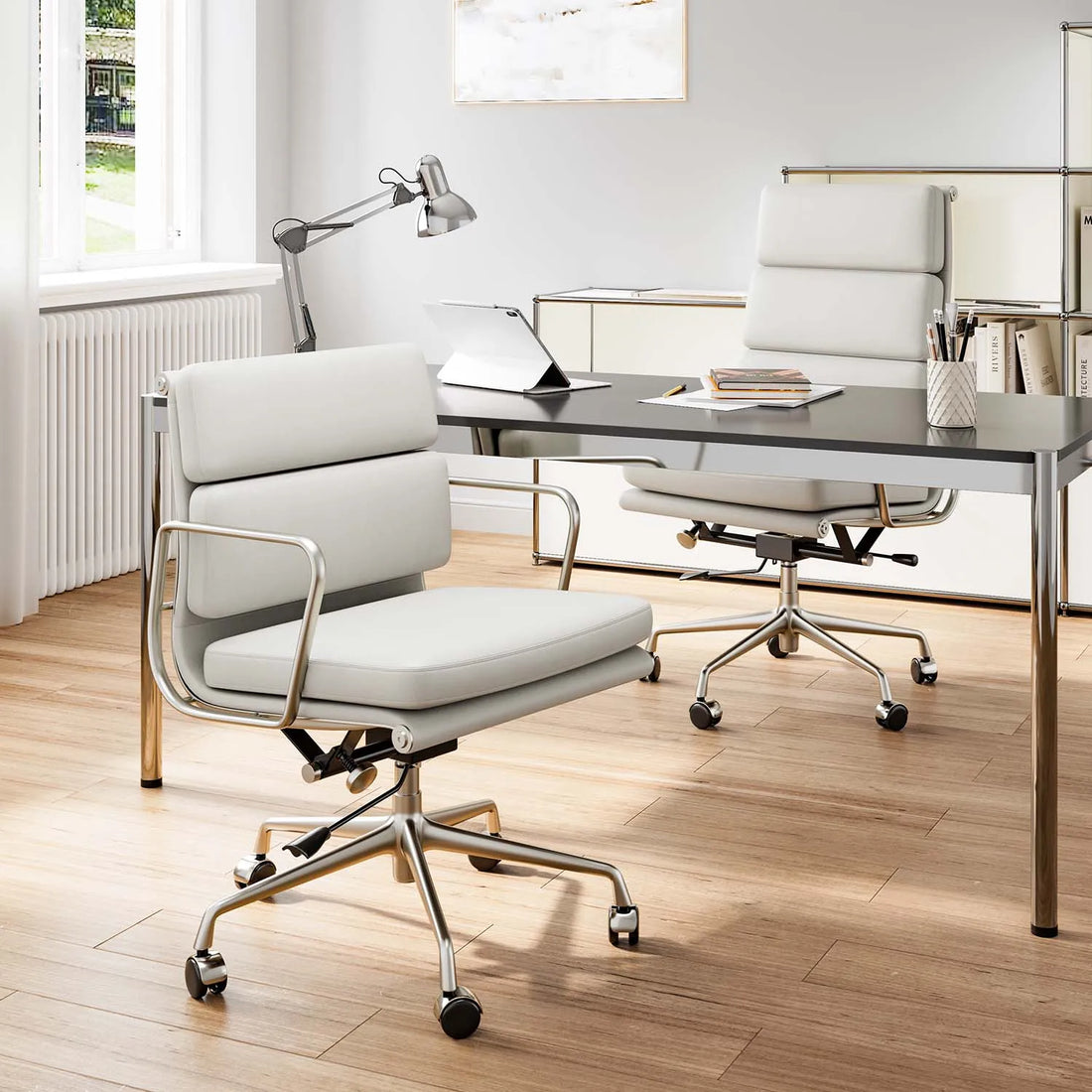 High Back White Office Chair Genuine Leather Executive Desk with Lumbar Support Ergonomic Computer Chair with Aluminum Arms