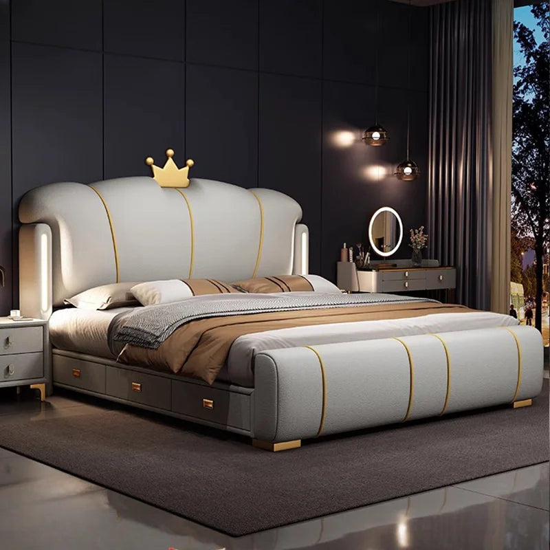 Pretty Luxury Double Bed Frame Elegant Italian Modern Leather Bed King Size Villa Cama Matrimonial Bedroom Set Furniture