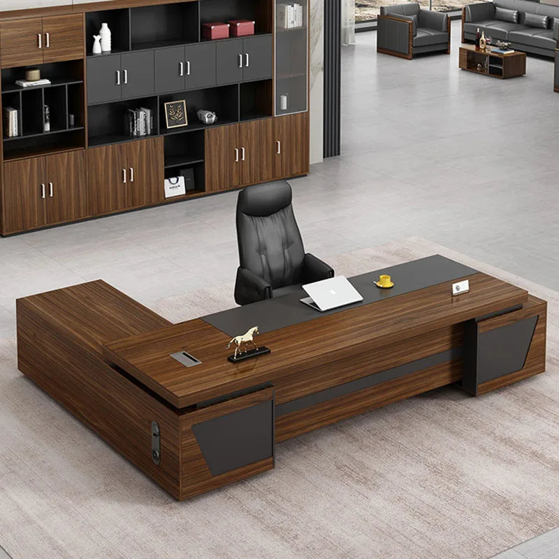 White Corner Office Desk: Executive Workbench with Study Drawers and Storage