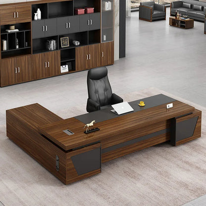 White Corner Office Desk: Executive Workbench with Study Drawers and Storage