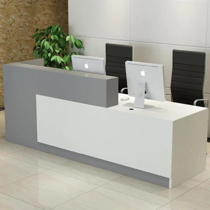 White Reception Desk with Showcase &amp; Wooden Counter