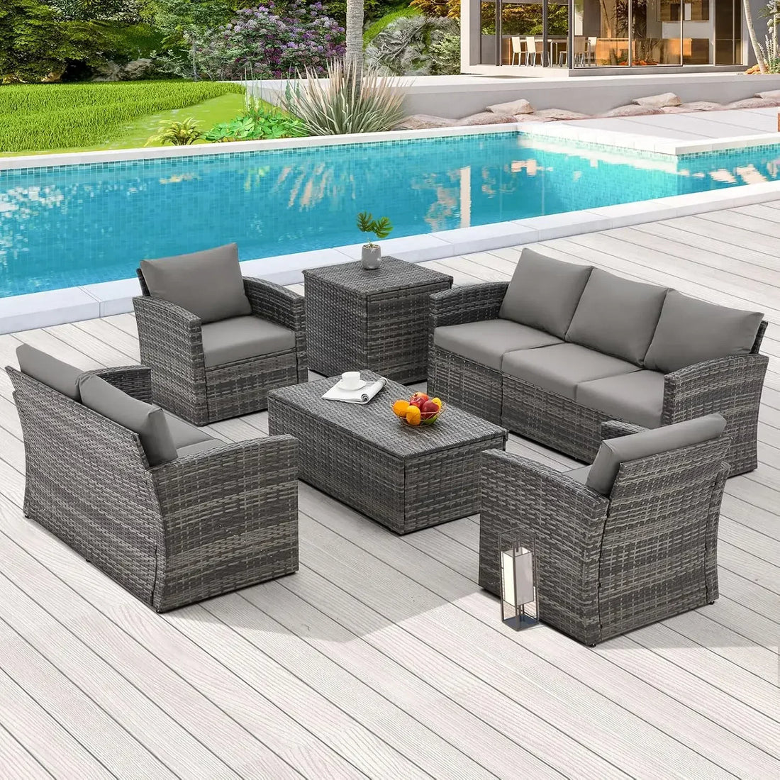 7-Piece Outdoor Patio Furniture Set with Two Storage Boxes, All-Weather PE Wicker Sectional Conversation Set.