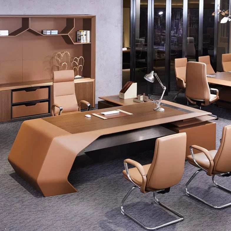In Stock Popular High End &quot;Bussiness&quot; Computer Table Wooden Leather Modern Ceo Office Desk 3198*2460*750mm