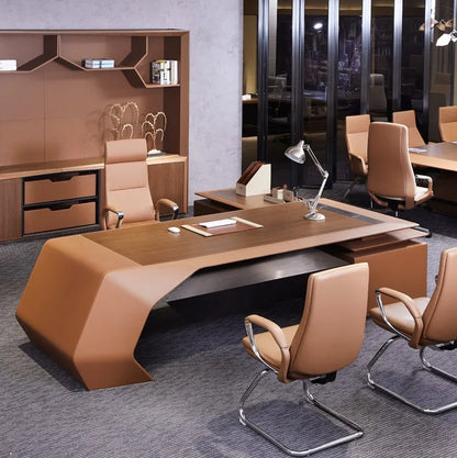 In Stock Popular High End &quot;Bussiness&quot; Computer Table Wooden Leather Modern Ceo Office Desk 3198*2460*750mm